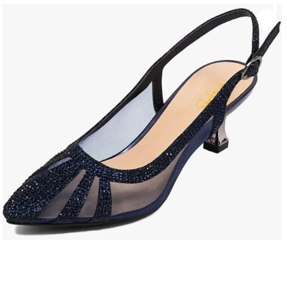 XYD Navy Bridal Slingback Heels Pumps Pointed Toe Slip On Mesh Rhinestone Shoes